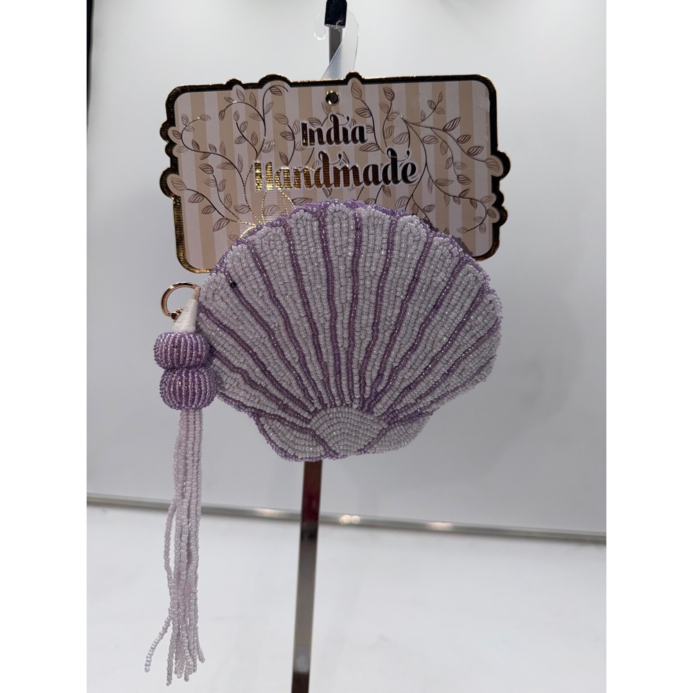 India Handmade Beaded Seashell Coin Purse Lavender White Tassel CTFBB-PMU